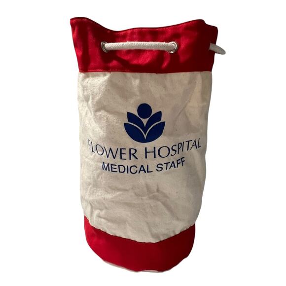 Flower Hospital Medical Staff Canvas Duffle Bag Red Cream Drawstring - Picture 7 of 13